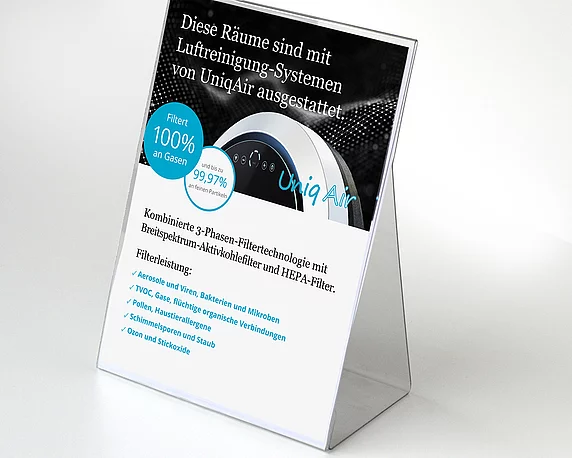 Die Werbeagentur magenta aus Mannheim erstellt für UniqAir Informationsmaterialien über deren Luftfiltersysteme, z.B. Flyer, Aufsteller oder Rollups, die Servicepartnern oder Direktkunden zur Verfügung gestellt werden.
