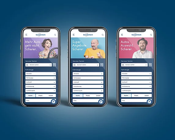 Drei Headerbilder der Scherer-Gruppe auf Mobilgeräten