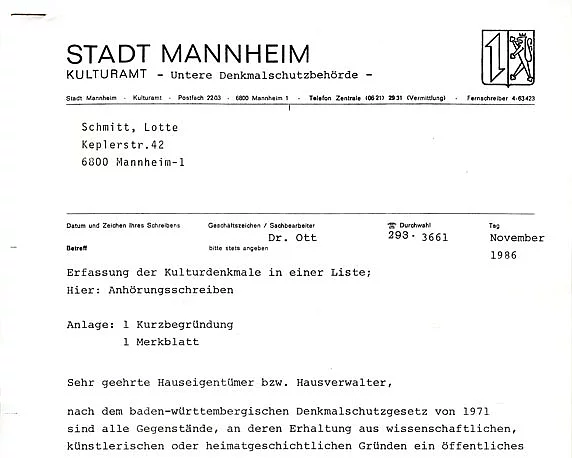 Keplerstraße, Mannheim, Dokument, 1986
