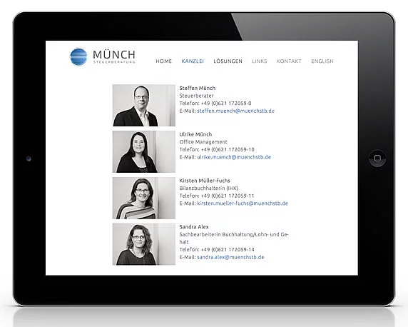 Münch Steuerberatung, Website, Mitarbeiter, Kanzlei, Tablet