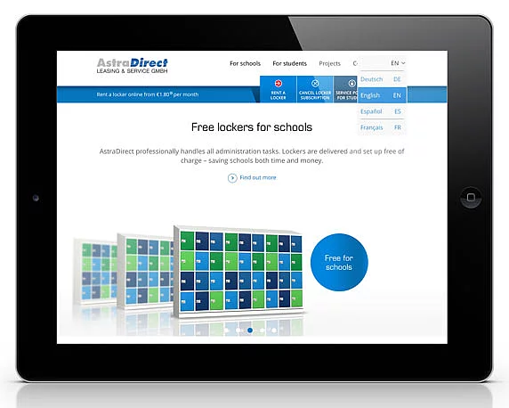 AstraDirect, Website, englisch, Sprachauswahl