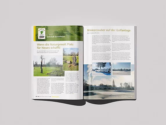 GOLF absolute FORE-Magazin, Ausgabe 1/2026, Artikel über Golfclub Mannheim in verschiedenen Jahreszeiten