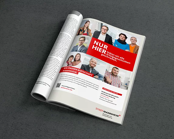 Wirtschafts- und Strukturförderung Mannheim, Anzeigen, Kampagne, 'Nur hier', Innovation, Unternehmen, Testimonial, Erfolgsgeschichte, Werbeagentur magenta, Mannheim