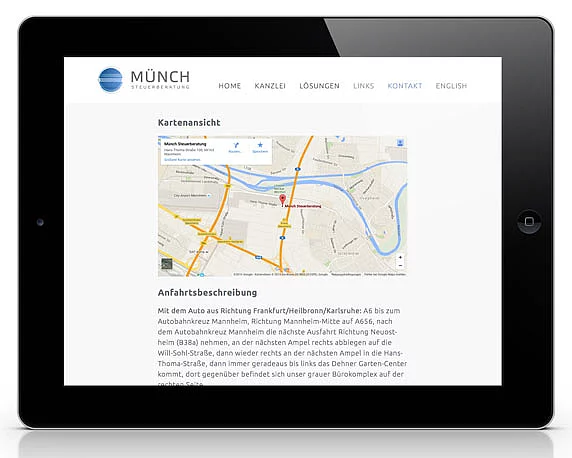 Münch Steuerberatung, Website, Anfahrtsbeschreibung, Tablet