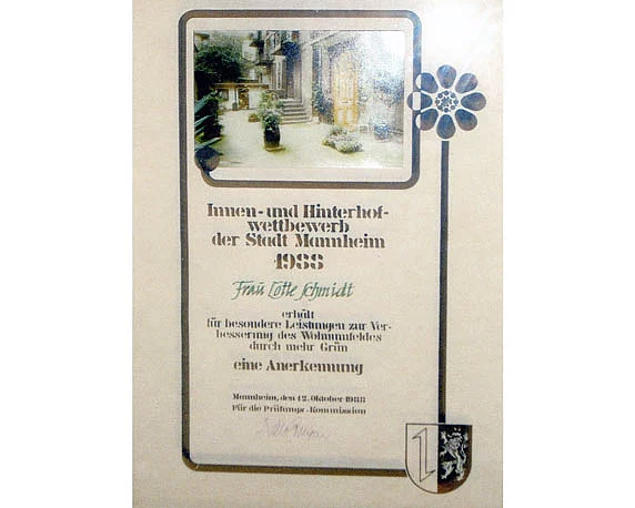 Keplerhof, Mannheim, Urkunde, Hinterhofwettbewerb, 1986