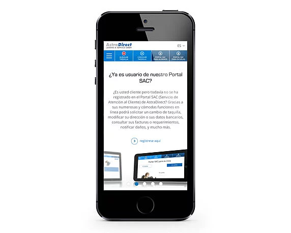 AstraDirect, Website, spanisch, Smartphone