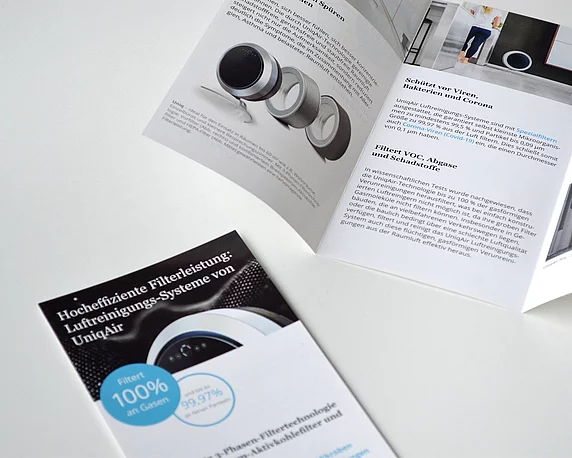 Die Werbeagentur magenta aus Mannheim erstellt für UniqAir Informationsmaterialien über deren Luftfiltersysteme, z.B. Flyer, Aufsteller oder Rollups, die Servicepartnern oder Direktkunden zur Verfügung gestellt werden.